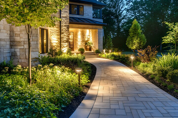 Stone Pathway Leading to House with Landscape Lighting at Dusk Photo