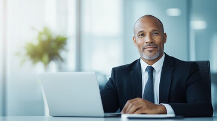 Confident businessman sitting at desk with laptop in modern office environment, smiling and ready to work.