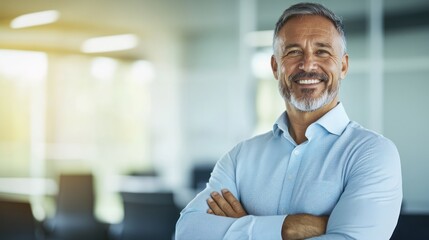 Obraz premium Confident businessman smiling with arms crossed in modern office setting.