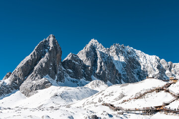 Scenery of Snow Mountain and Glacier Scenic Area under pure blue sky,The Yulong Snow Mountain, Yunnan Province, China.