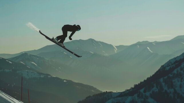 Ski jumper soaring through the air with mountains in the background - Powered by Adobe