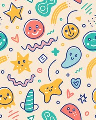 seamless pattern with cream. Fun colorful line doodle seamless pattern. Creative minimalist style art background for children or trendy design with basic shapes. Simple childish scribble backdrop.