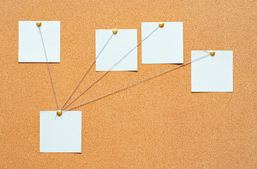 Blank paper notes are pinned to a cork board. The concept of detective investigation or training....