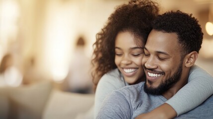 Obraz premium Couple enjoying a joyful moment together, smiling and embracing in a cozy indoor setting.