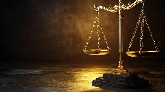 A close-up of the golden scale of justice. Judiciary, law and justice theme on a dark background with space for text
