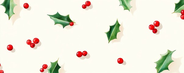 Festive seamless pattern with holly leaves and red berries on a cream background, perfect for Christmas-themed designs and seasonal decorations.
