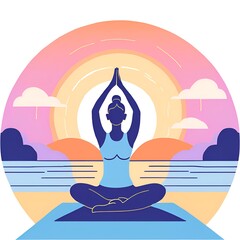 A peaceful yoga pose against a sunrise background, with calming colors