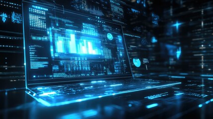 Obraz premium A glowing digital interface on a modern laptop, featuring a futuristic design with tech icons and data streams surrounding the screen