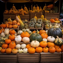 A market stall showcasing pumpkins and gourds of all shapes and sizes.generative ai illustration