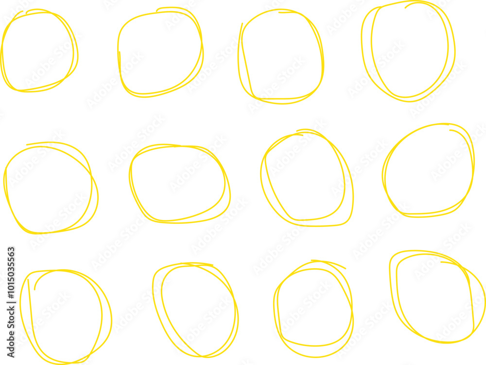 Poster abstract hand drawn round yellow brush marker set. yellow round stroke frame. text highlight brush c