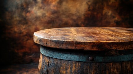 An old wooden table with a round top and a wine barrel on a dark brown background