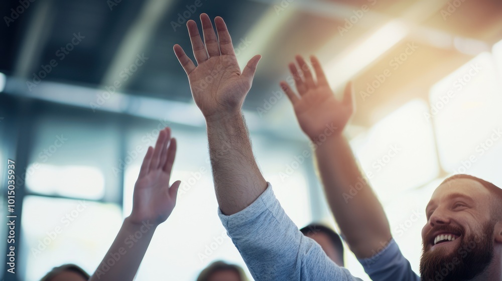 Wall mural individuals enthusiastically raising hands during an engaging event or discussion.