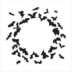 Halloween round frame with black bats. Happy Halloween flying bats on circle. Flying bats template for text. Silhouettes of bats fly of a round border.