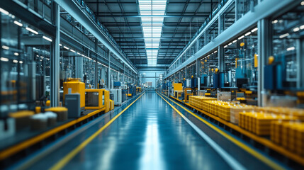 A vibrant manufacturing facility with rows of machines and stacks of yellow products during daylight operations