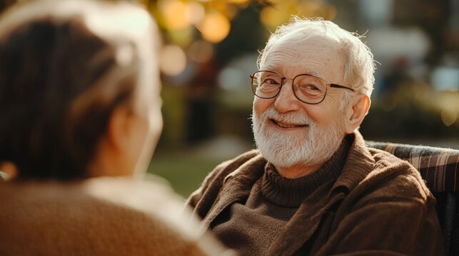 Smiling elderly man with glasses enjoys conversation in a sunny park setting.
