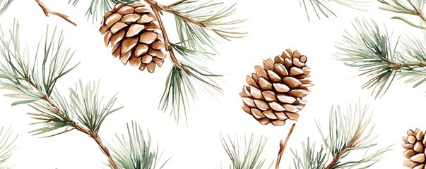 Fototapeta premium Seamless pattern of pine cones and branches on a white background, perfect for seasonal decor and crafting projects.