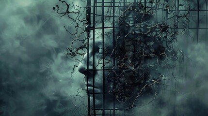 Abstract representation of the human mind enclosed in a cage of illusions and doubts