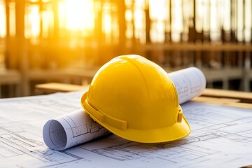 Yellow construction helmet with blueprints at a construction site