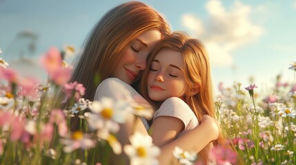 A Mother and Daughter Embracing in a Field of Flowers 3d animation