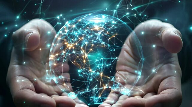 Rotating holographic ball on the hands of a businessman close up
