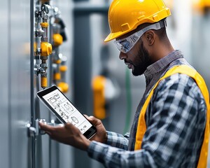Technician monitoring water pressure in a pipeline using digital sensors, Water pressure monitoring, Pipeline management