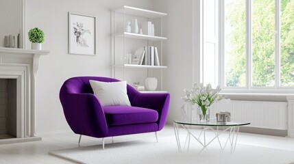 A cozy purple armchair featuring a soft white cushion sits elegantly in a bright living room adorned with large windows. The space is minimalistic, with a glass table and a decorative shelf nearby.