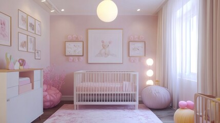 Baby Crib In A Modern Nursery With Pink And White Dacor 3d animation