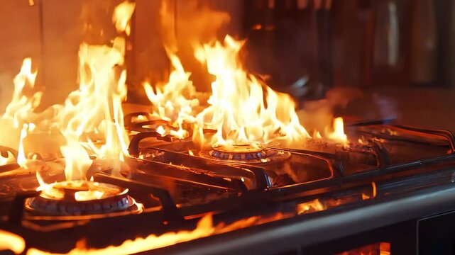 Close up of a fire or fire on a gas stove in the kitchen
