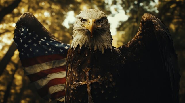 Bald Eagle with American Flag and Cross Swords