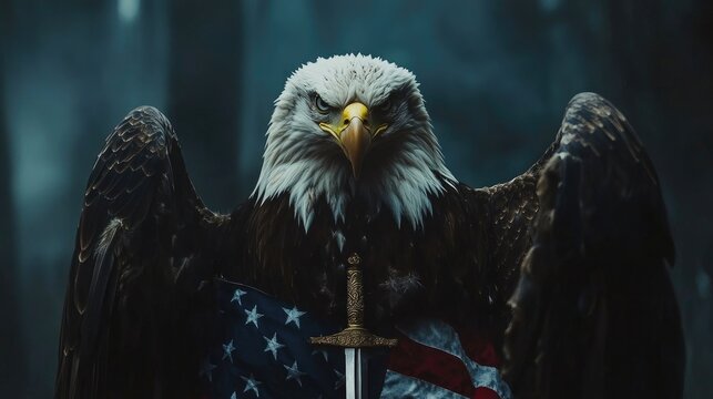 Bald Eagle with American Flag and Cross Swords