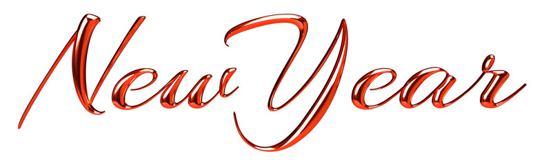 Red metallic text Happy New Year realistic 3D render isolated illustration. Scarlet script calligraphic sign. Design for festive decoartion, card, post.