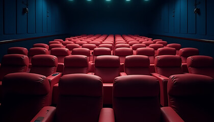 Fototapeta premium Empty cinema with luxurious recliner seats, soft ambient lighting filling the spacious hall._00001_