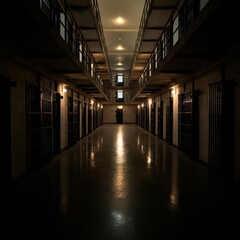 Fototapeta premium Prison corridor interior with rows of cells and locked doors illuminated by ceiling lights,