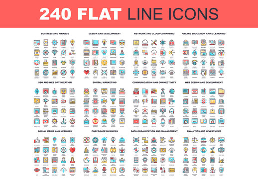 Vector set of 240 64X64 pixel perfect flat line web icons. Fully editable and easy to use.