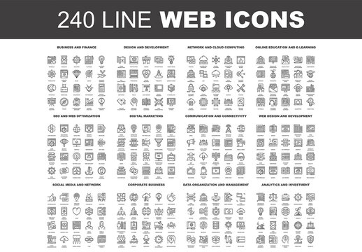 Vector set of 240 64X64 pixel perfect flat line web icons. Fully editable and easy to use.