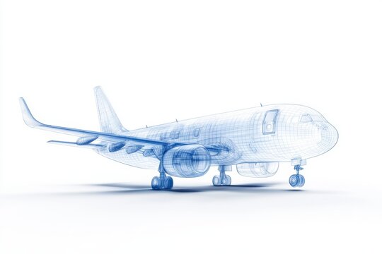Wireframe model of an airplane in blue on a white isolated background.