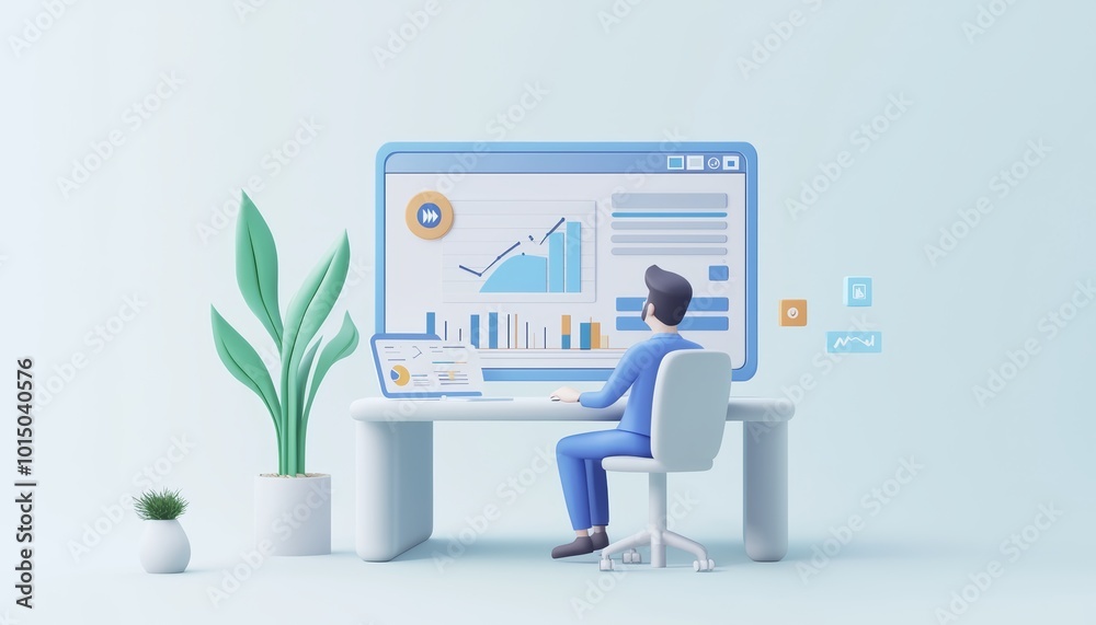 Poster a person analyzing data at a desk with a modern computer displaying graphs and charts, plants in a b