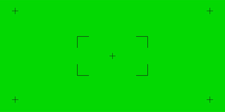 Green screen chroma key background, viewfinder camera frame, video film screen template, overlay. Cinema display with grid.