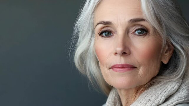 Close up shot of an elderly woman aged 50-60 with gray hair on a light gray background close up
