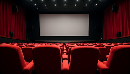Obraz premium Grand cinema with a wide screen and rows of plush red seats, ready for the audience to arrive._00001_