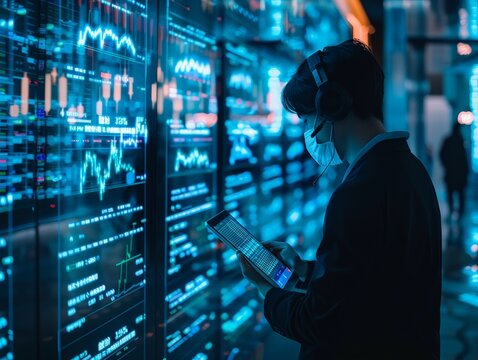 A Man Analyzing Data with a Tablet in a Modern Financial Center