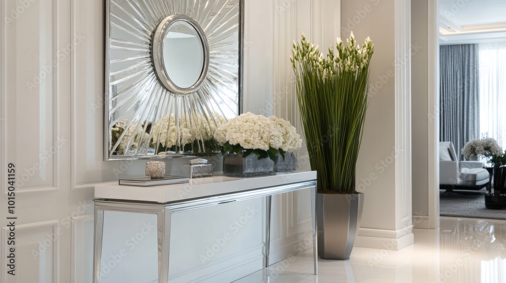 Poster a stylish hallway features a sleek console table with a round decorative mirror above it. fresh whit