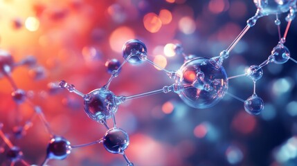 Intricate molecular formations are showcased with a vivid, colorful backdrop, emphasizing the beauty and complexity of scientific structures. The sparkling connections highlight the atoms and bonds.