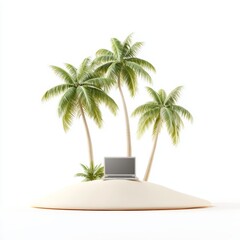Obraz premium Serene island scene with palms and a laptop, symbolizing remote work and relaxation.