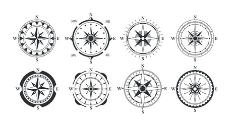 Collection Of Vintage Compass Designs Featuring Directional Arrows Pointing North, South, East And West, Vector Set © Pavlo Syvak