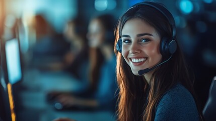 Smiling Caucasian woman in headset at a call center, showcasing a supportive work environment.