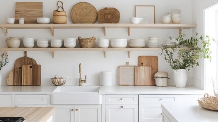 The kitchen displays a bright and open layout, featuring wooden shelves adorned with various ceramics and woven baskets