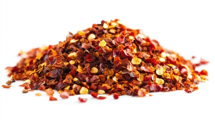 A heap of red chili pepper flakes, finely crushed and spread out on a bright white background, showcasing fiery heat