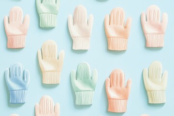 Colorful pastel mittens arranged in a neat pattern on a light blue background, creating a playful, cozy, and whimsical visual aesthetic.