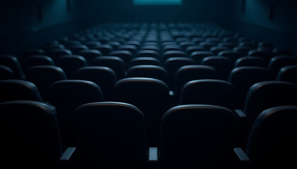 Naklejka premium Rows of elegant black seats in a modern cinema, the soft glow of the screen illuminating the room._00001_